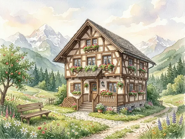 Illustration of a Bavarian-style senior care home porch